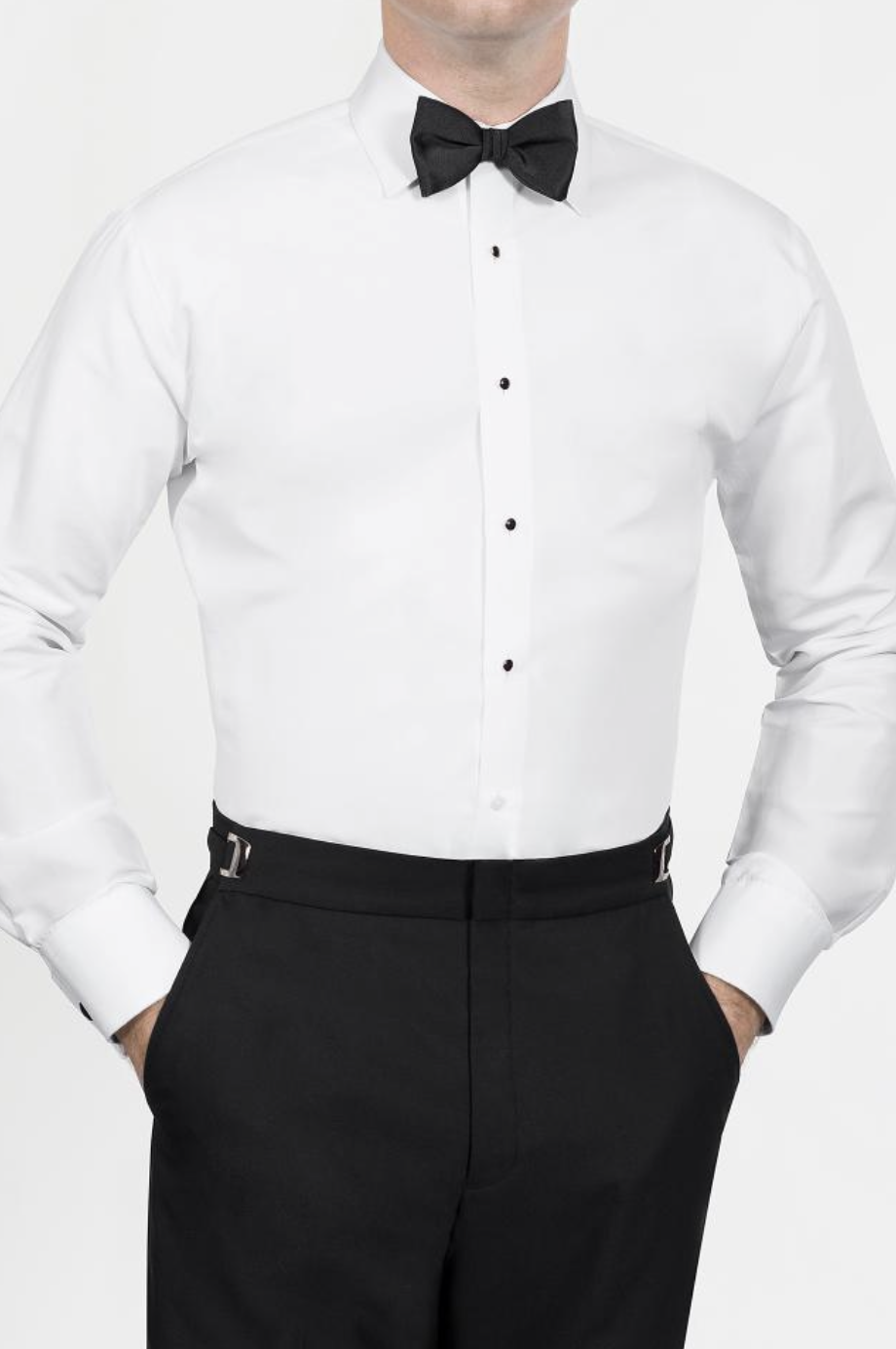 Microfiber-Fitted-white Microfiber shirt shown with black bow tie and black buttons