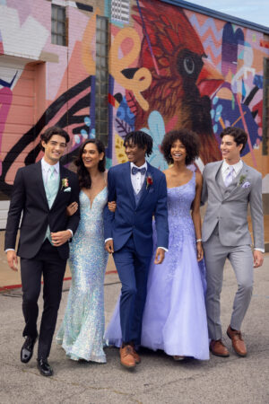Prom Designer Package with Jacket, Pants, Pleated Shirt, Vest & Tie. Group photo shown.